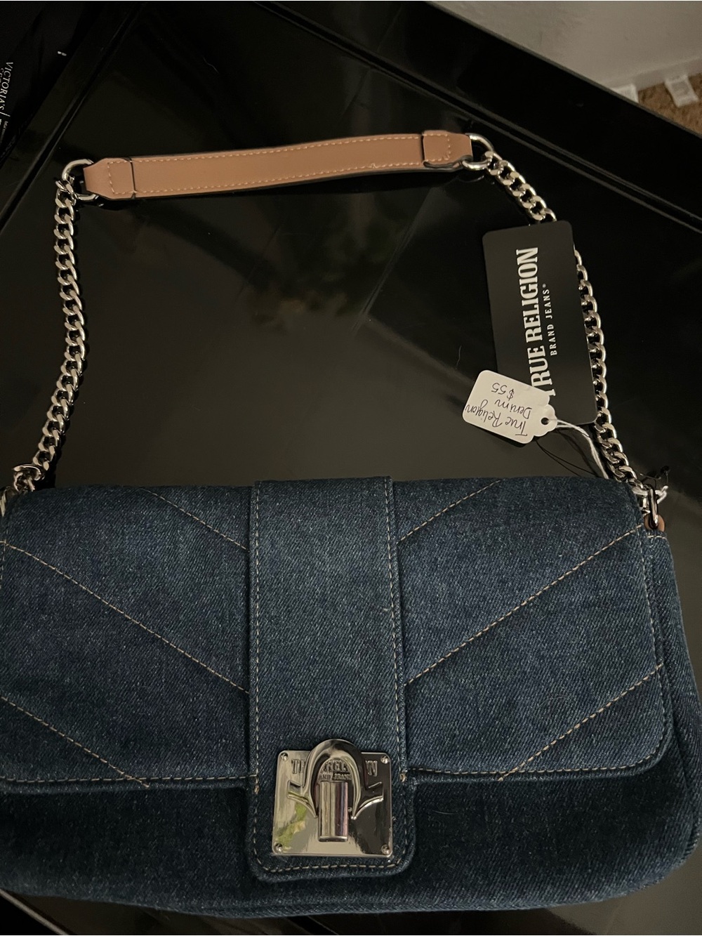 True Religion Denim Quilted Shoulder Bag - Dark Blue with Tan Strap